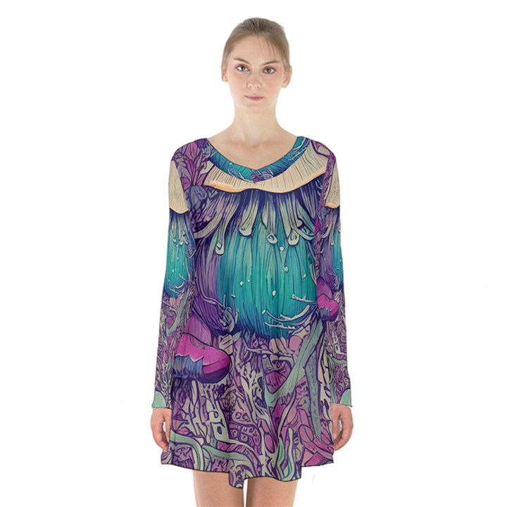 Natural Forest Fairy Mushroom Foraging Long Sleeve Velvet V-neck Dress