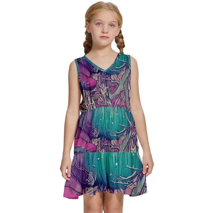 Natural Forest Fairy Mushroom Foraging Kids  Sleeveless Tiered Mini Dress