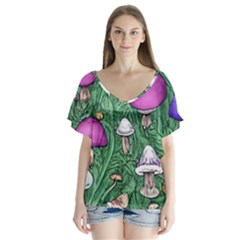 Woodsy Pottery Forest Mushroom Foraging V-neck Flutter Sleeve Top by GardenOfOphir