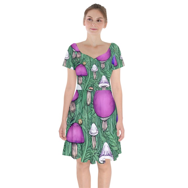 Woodsy Pottery Forest Mushroom Foraging Short Sleeve Bardot Dress