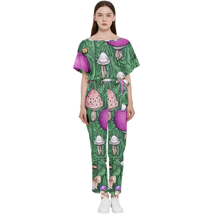 Woodsy Pottery Forest Mushroom Foraging Batwing Lightweight Chiffon Jumpsuit