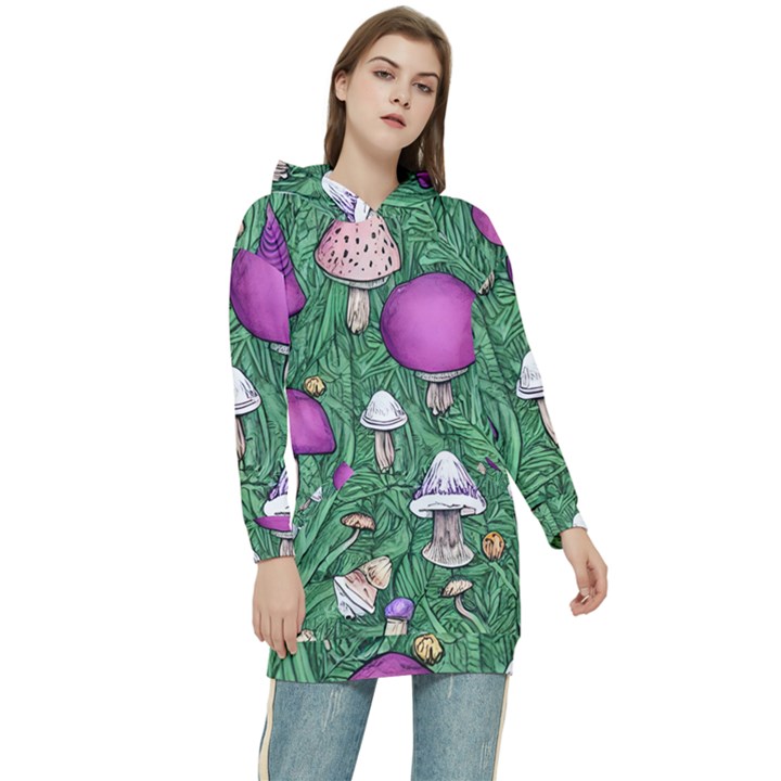 Woodsy Pottery Forest Mushroom Foraging Women s Long Oversized Pullover Hoodie