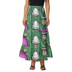 Woodsy Pottery Forest Mushroom Foraging Tiered Ruffle Maxi Skirt