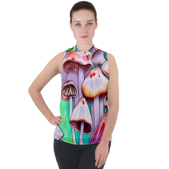 Tiny Mushrooms In A Forest Mock Neck Chiffon Sleeveless Top