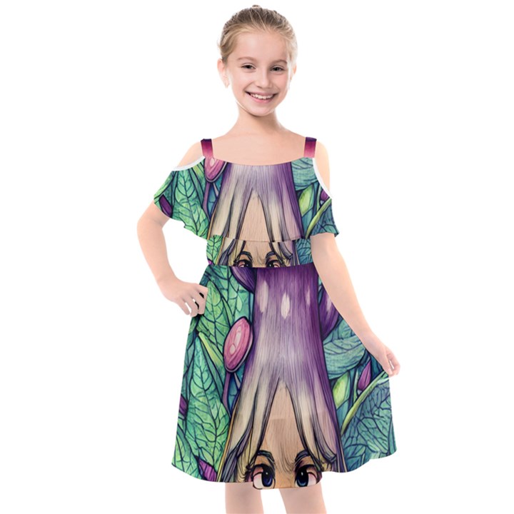 Mushroom Hunting In The Forest Kids  Cut Out Shoulders Chiffon Dress