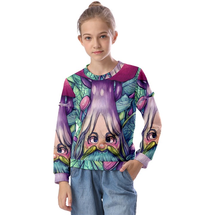 Mushroom Hunting In The Forest Kids  Long Sleeve Tee with Frill 