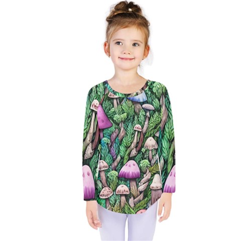 Mushrooms In The Woods Kids  Long Sleeve Tee by GardenOfOphir