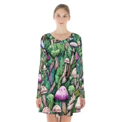 Mushrooms In The Woods Long Sleeve Velvet V-neck Dress by GardenOfOphir