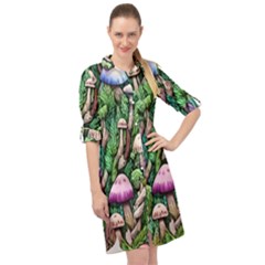 Mushrooms In The Woods Long Sleeve Mini Shirt Dress by GardenOfOphir