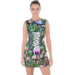 Mushrooms In The Woods Lace Up Front Bodycon Dress by GardenOfOphir