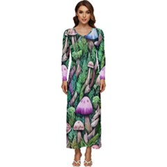 Mushrooms In The Woods Long Sleeve Longline Maxi Dress by GardenOfOphir