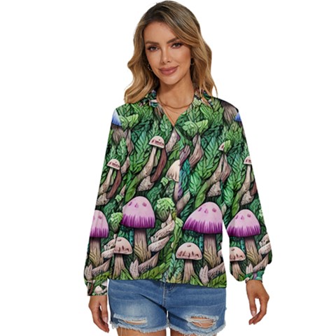 Mushrooms In The Woods Women s Long Sleeve Button Down Shirt by GardenOfOphir