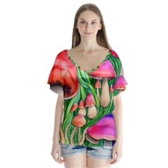 Mushroom V-neck Flutter Sleeve Top by GardenOfOphir