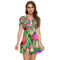 Mushroom V-neck High Waist Chiffon Mini Dress by GardenOfOphir