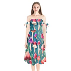 Forest Mushroom Shoulder Tie Bardot Midi Dress by GardenOfOphir