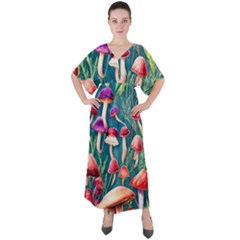 Forest Mushroom V-neck Boho Style Maxi Dress by GardenOfOphir