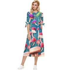 Forest Mushroom Bow Sleeve Chiffon Midi Dress