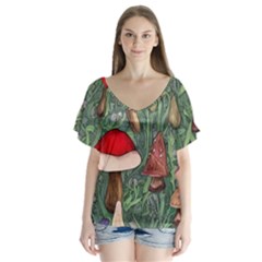 Fairycore Mushroom Forest V-neck Flutter Sleeve Top by GardenOfOphir