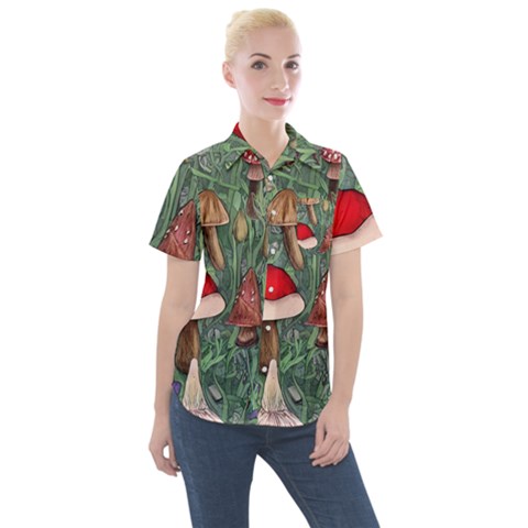 Fairycore Mushroom Forest Women s Short Sleeve Pocket Shirt by GardenOfOphir