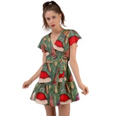 Fairycore Mushroom Forest Flutter Sleeve Wrap Dress by GardenOfOphir