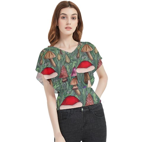 Fairycore Mushroom Forest Butterfly Chiffon Blouse by GardenOfOphir