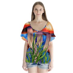 Garden Mushrooms In A Flowery Craft V-neck Flutter Sleeve Top by GardenOfOphir