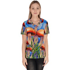 Garden Mushrooms In A Flowery Craft Women s V-neck Scrub Top by GardenOfOphir