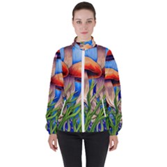 Garden Mushrooms In A Flowery Craft Women s High Neck Windbreaker by GardenOfOphir