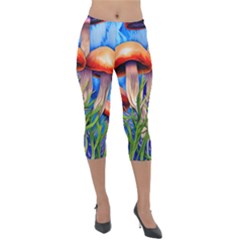 Garden Mushrooms In A Flowery Craft Lightweight Velour Capri Leggings  by GardenOfOphir