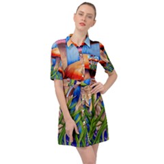 Garden Mushrooms In A Flowery Craft Belted Shirt Dress by GardenOfOphir