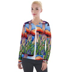 Garden Mushrooms In A Flowery Craft Velvet Zip Up Jacket by GardenOfOphir