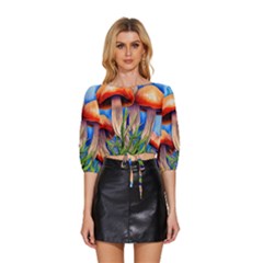 Garden Mushrooms In A Flowery Craft Mid Sleeve Drawstring Hem Top