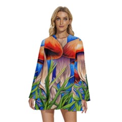 Garden Mushrooms In A Flowery Craft Round Neck Long Sleeve Bohemian Style Chiffon Mini Dress