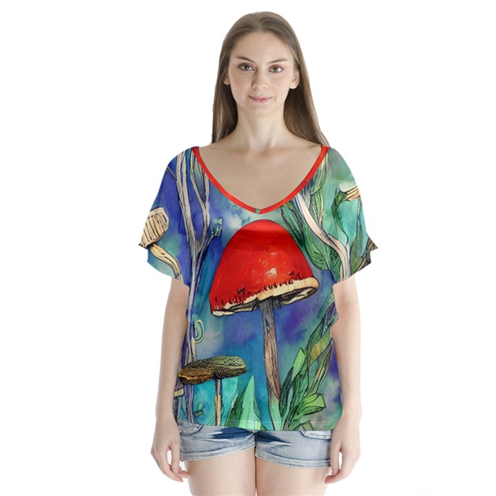 Woodsy Mushroom Forest Foraging V-Neck Flutter Sleeve Top