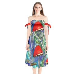 Woodsy Mushroom Forest Foraging Shoulder Tie Bardot Midi Dress by GardenOfOphir