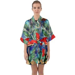 Woodsy Mushroom Forest Foraging Half Sleeve Satin Kimono  by GardenOfOphir