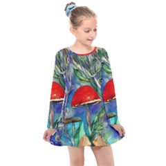 Woodsy Mushroom Forest Foraging Kids  Long Sleeve Dress by GardenOfOphir