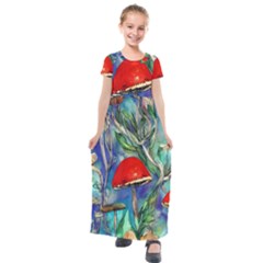 Woodsy Mushroom Forest Foraging Kids  Short Sleeve Maxi Dress by GardenOfOphir