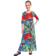 Woodsy Mushroom Forest Foraging Kids  Quarter Sleeve Maxi Dress by GardenOfOphir