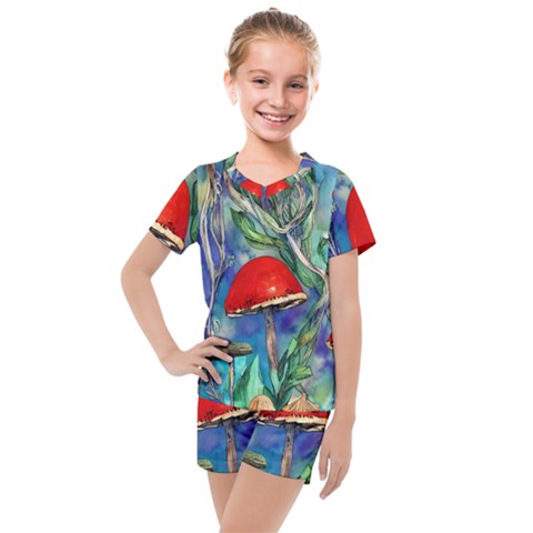 Woodsy Mushroom Forest Foraging Kids  Mesh Tee And Shorts Set by GardenOfOphir