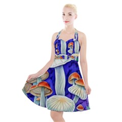 Farmcore Mushroom Foraging In A Forrest Halter Party Swing Dress  by GardenOfOphir