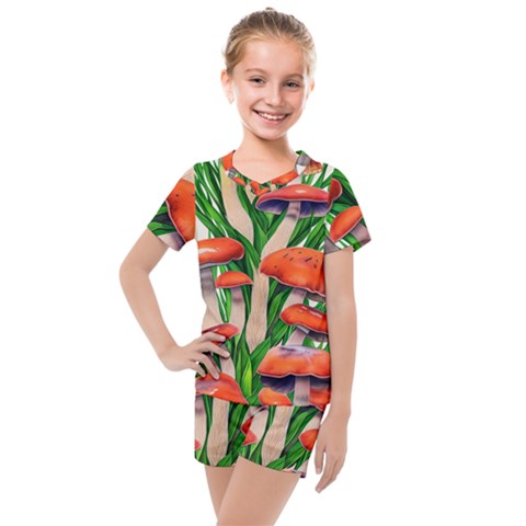 Fairycore Forest Mushroom Kids  Mesh Tee And Shorts Set by GardenOfOphir