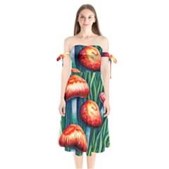 Enchanted Forest Mushroom Shoulder Tie Bardot Midi Dress by GardenOfOphir