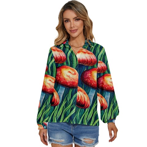 Enchanted Forest Mushroom Women s Long Sleeve Button Down Shirt by GardenOfOphir