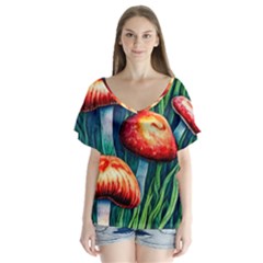 Enchanted Forest Mushroom V-neck Flutter Sleeve Top by GardenOfOphir