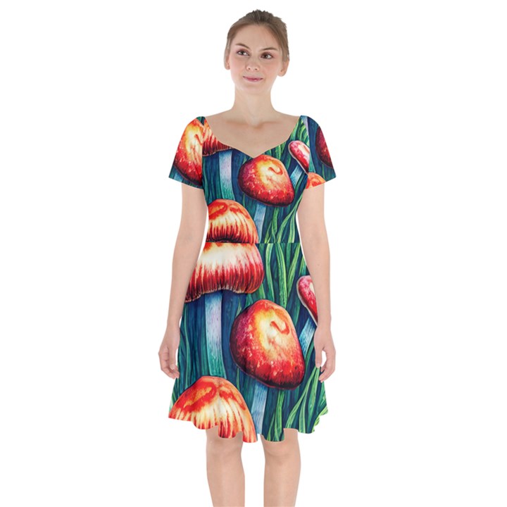 Enchanted Forest Mushroom Short Sleeve Bardot Dress