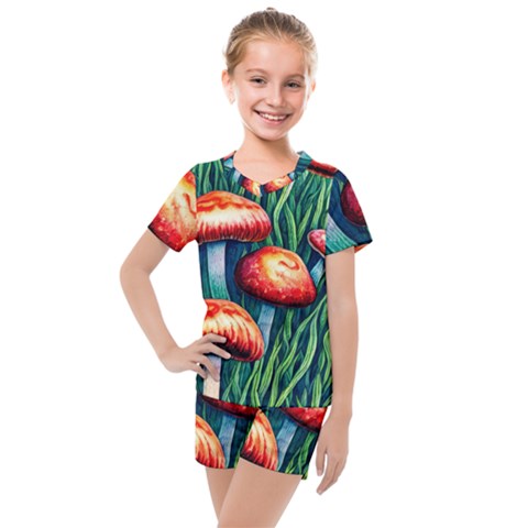 Enchanted Forest Mushroom Kids  Mesh Tee And Shorts Set by GardenOfOphir