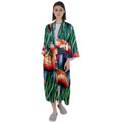 Enchanted Forest Mushroom Maxi Satin Kimono by GardenOfOphir