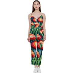 Enchanted Forest Mushroom V-neck Spaghetti Strap Tie Front Jumpsuit by GardenOfOphir