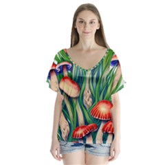 Vintage Mushroom V-neck Flutter Sleeve Top by GardenOfOphir